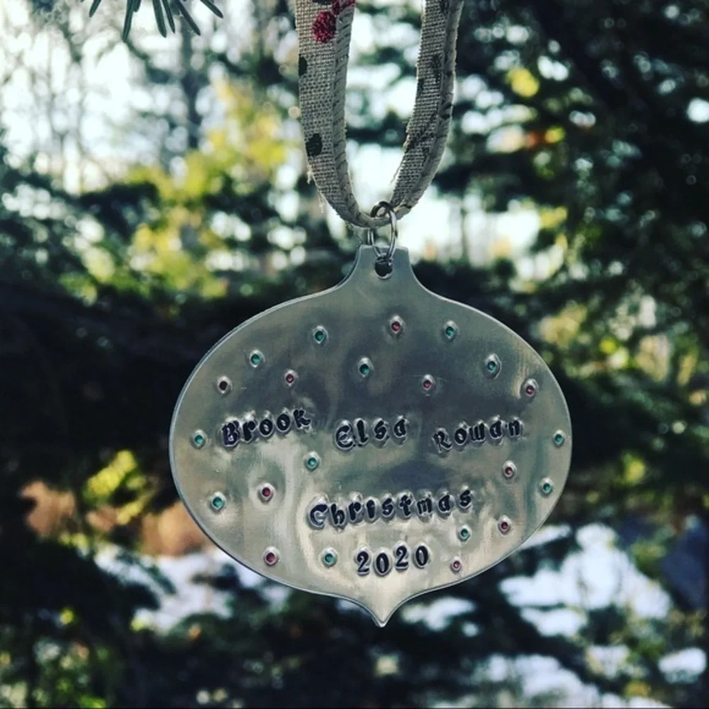 Handmade stamped Personalized silver aluminum  holiday tree Christmas‎ ornament